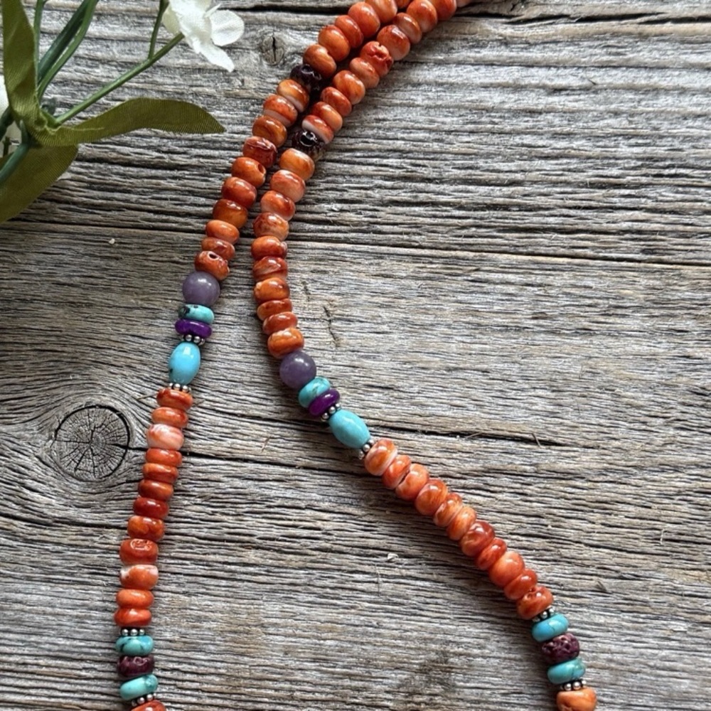 Orange Spiny Oyster Multi Stone Color Sterling Silver Bead Necklace 18 inch Gift - Picture 5 of 12
